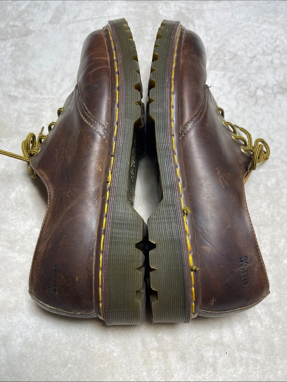 Dr. Martens 1561 Vintage Brown Leather Derby Shoes with Yellow Stitching Size 13